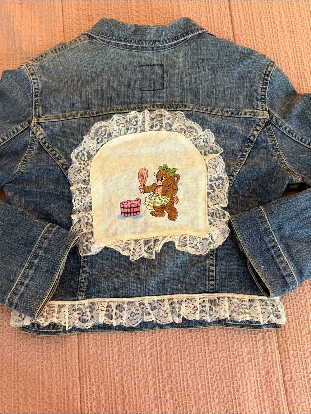 Ladies denim jacket with vintage Cherie Mouse linen on back and lace